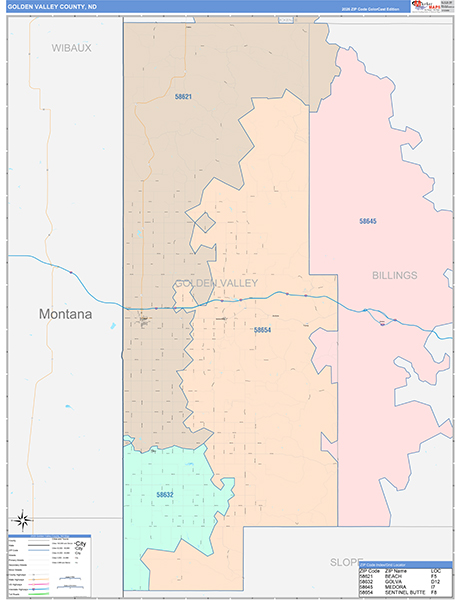 Golden Valley County, ND Wall Map Color Cast Style
